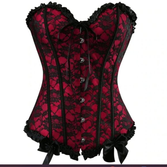 Plus Size Corset Top Black Lace Floral Bustier with Bow & matching G-String - Picture 1 of 12